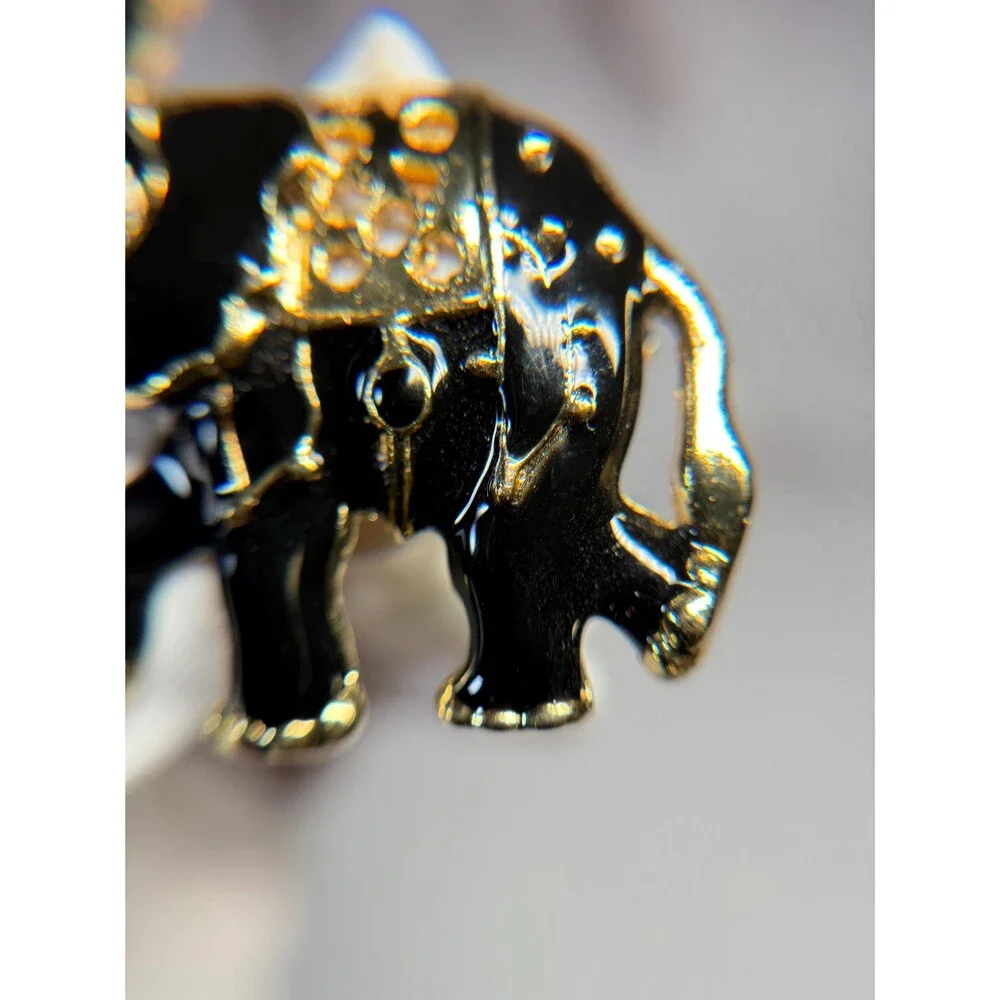 Vintage Black Enamel Elephant Brooch Gold Tone Rhinestone Figural Pin